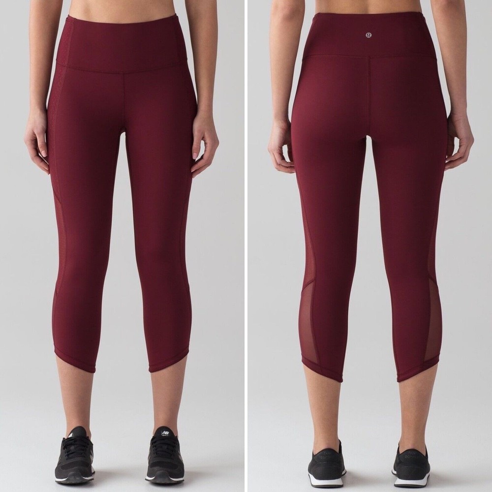 Lululemon Body Con Crop High Waisted Mesh Dark Red Maroon Rouge Leggings Size 2